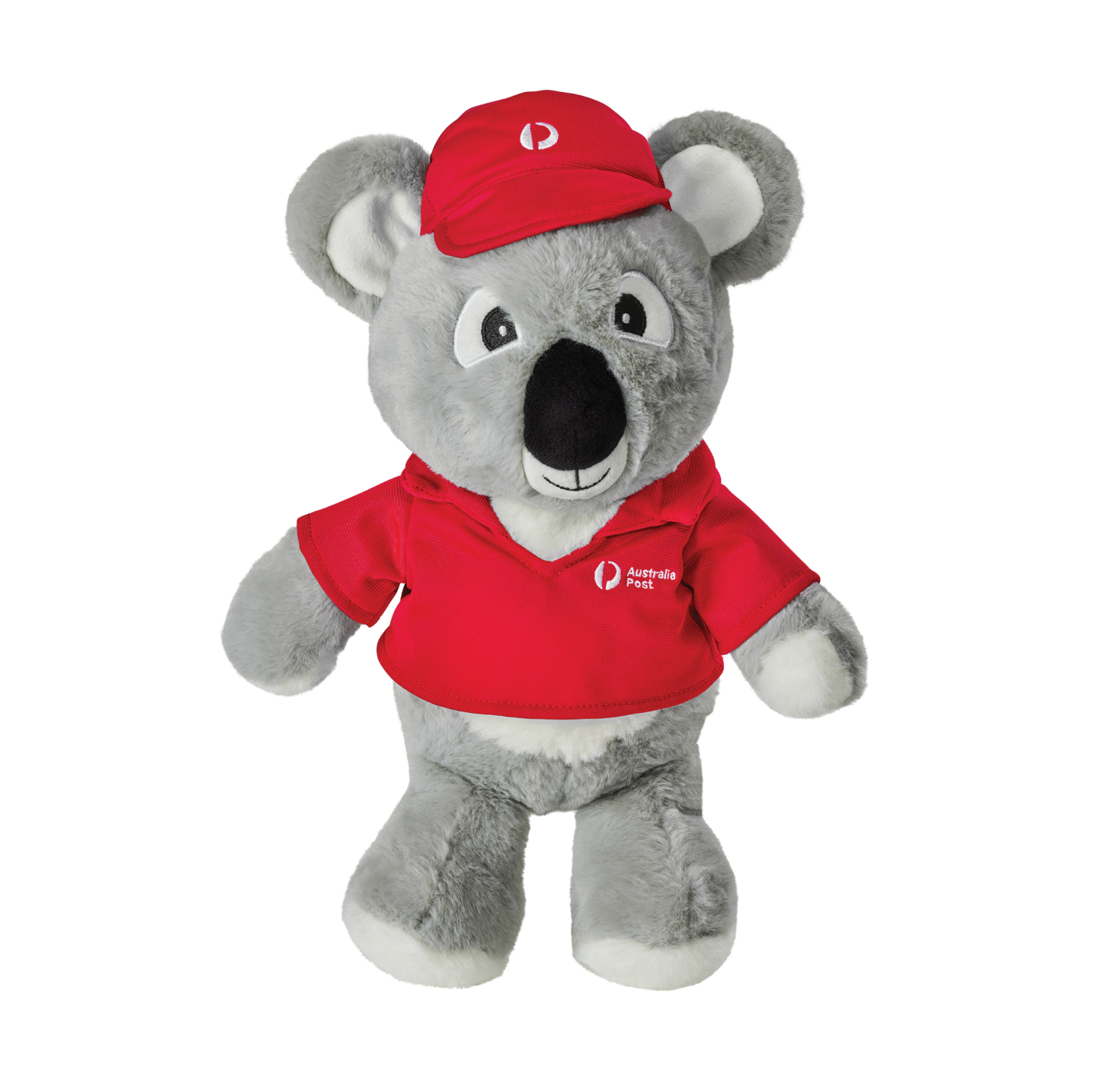 A soft plush koala toy is dressed in a bright red shirt and matching cap, both featuring the Australia Post logo.