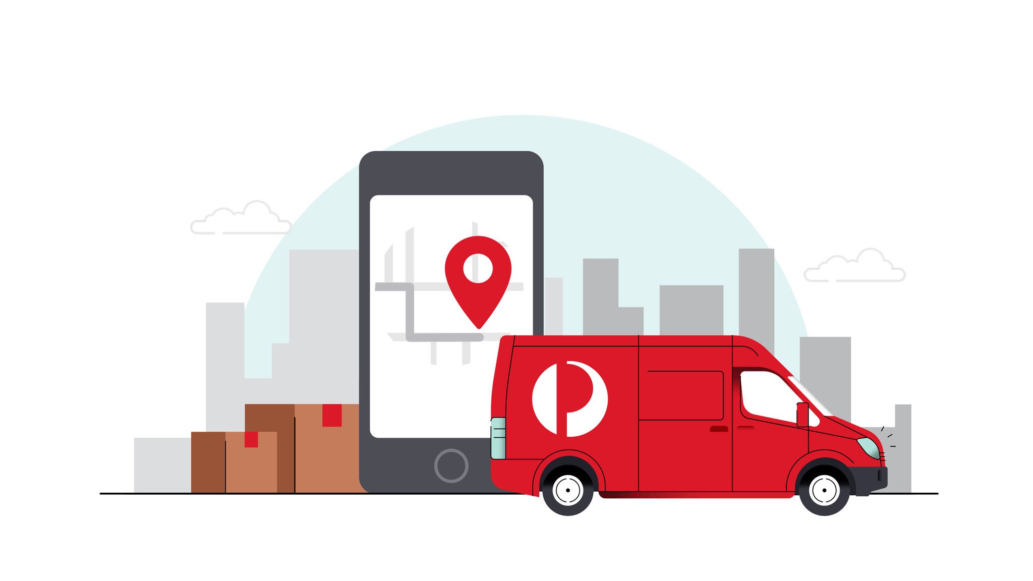 Illustration of tracking app on mobile phone and van