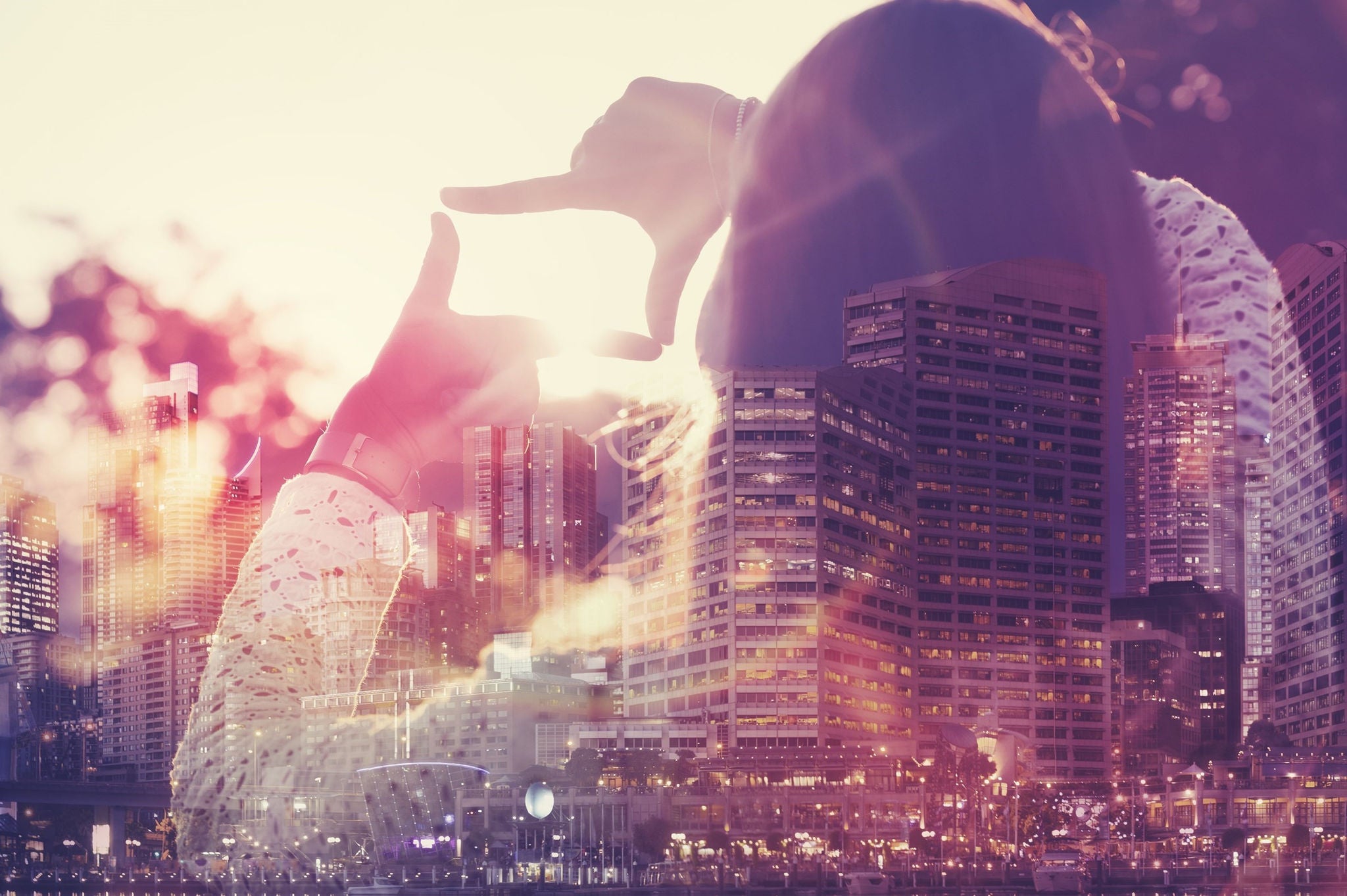 A female customer capturing a city view with her hands