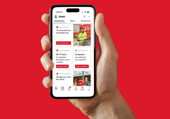 Photo of a hand holding a phone showing the Isaac Hub tab in the MS Teams app