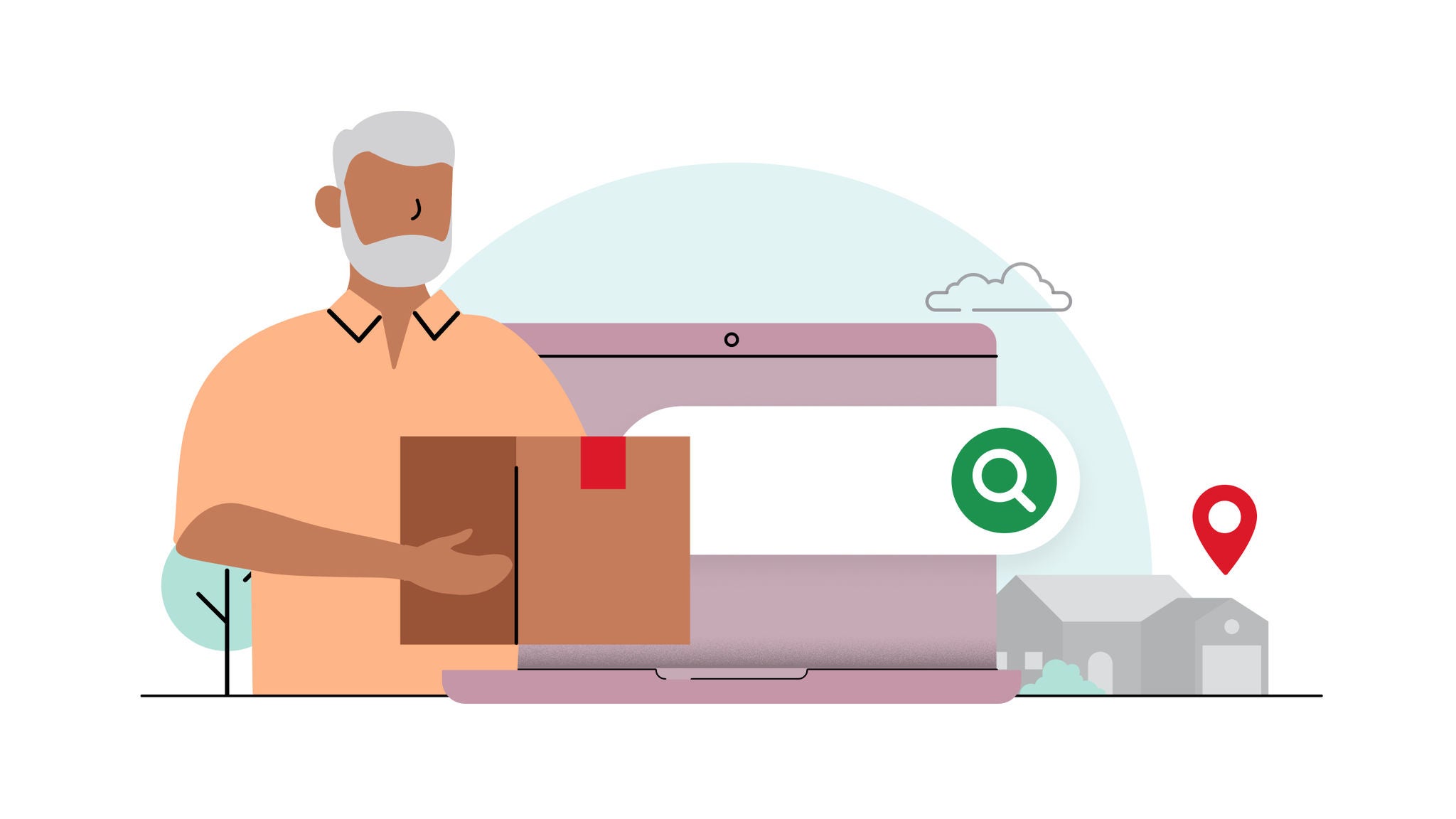 Illustration of ma with beard holding a parcel with laptop in the background. 