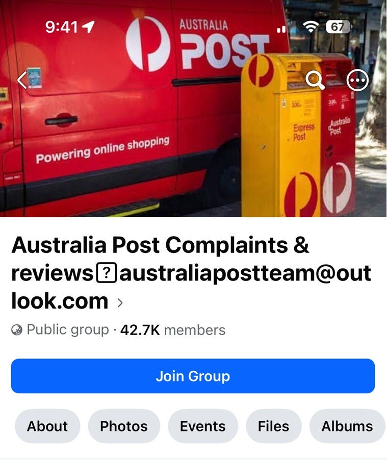 Screenshot of a Facebook group named "Australia Post Complaints & reviews", displaying Australia Post branding. The group is not affiliated with Australia Post.