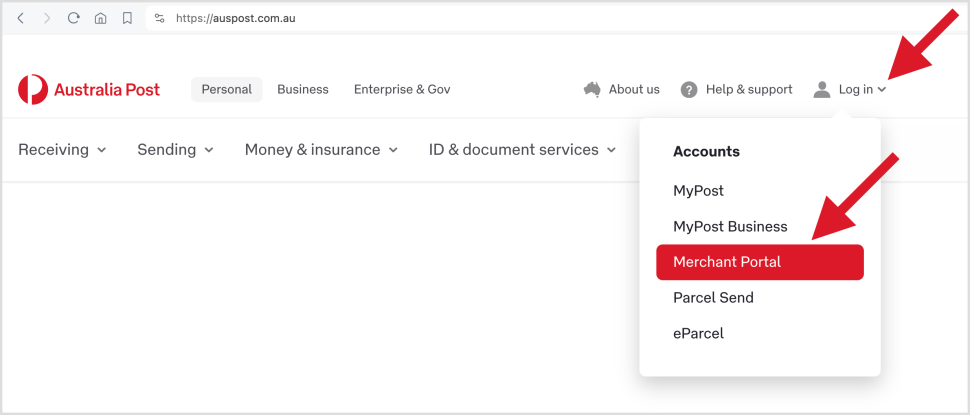 auspost.com.au homepage showing top right 'Log in' menu', 'Merchant Portal' link.