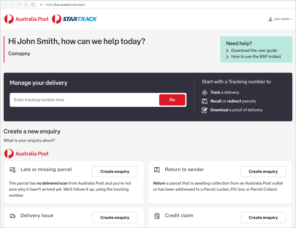 Business Support Portal dashboard