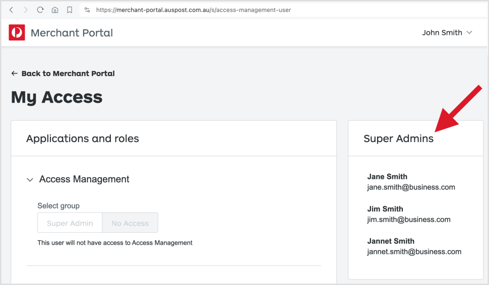 Merchant Portal 'My Access' page showing 'Super Admins' section.