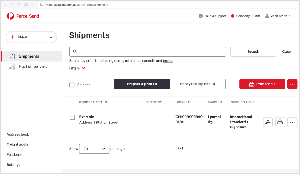 Parcel Send dashboard