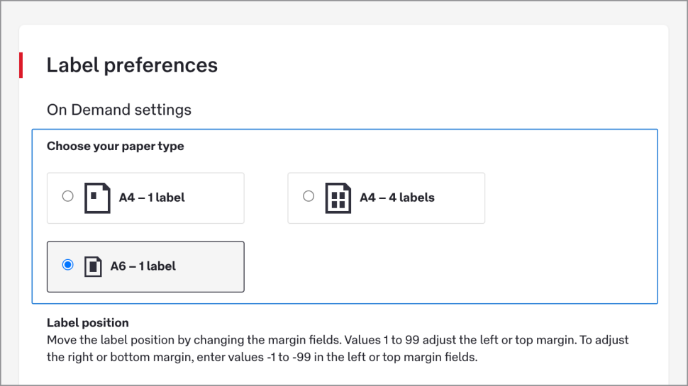The ‘Choose your paper type’ section offers four options on separate buttons. They are ‘A4 – 1 label, plan paper’, ‘A4 – 4 labels, plain paper’, and ‘A6 – 1 label, plain paper’.