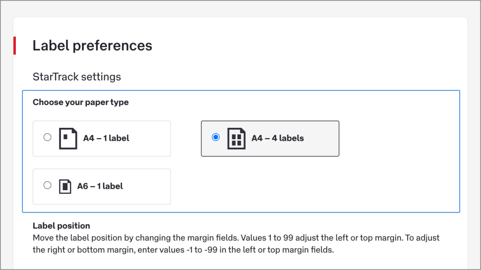 The ‘Choose your paper type’ section offers four options on separate buttons. They are ‘A4 – 1 label, plan paper’, ‘A4 – 4 labels, plain paper’, and ‘A6 – 1 label, plain paper’.