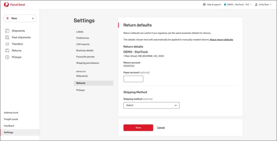 The Return Defaults screen