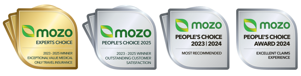 Photo of an array of badges that Mozo has awarded Australia Post Travel Insurance:
Expert's Choice 2023-2025 for Exceptional Value, Medical Only Travel Insurance
People's Choice 2023-2025 for Outstanding Customer Satisfaction
People's Choice 2023-2024 for Most Recommended
People's Choice Award 2024 for Excellent Claims Experience