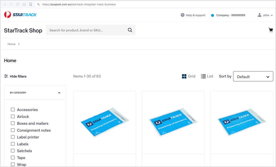 Startrack Shop homepage.