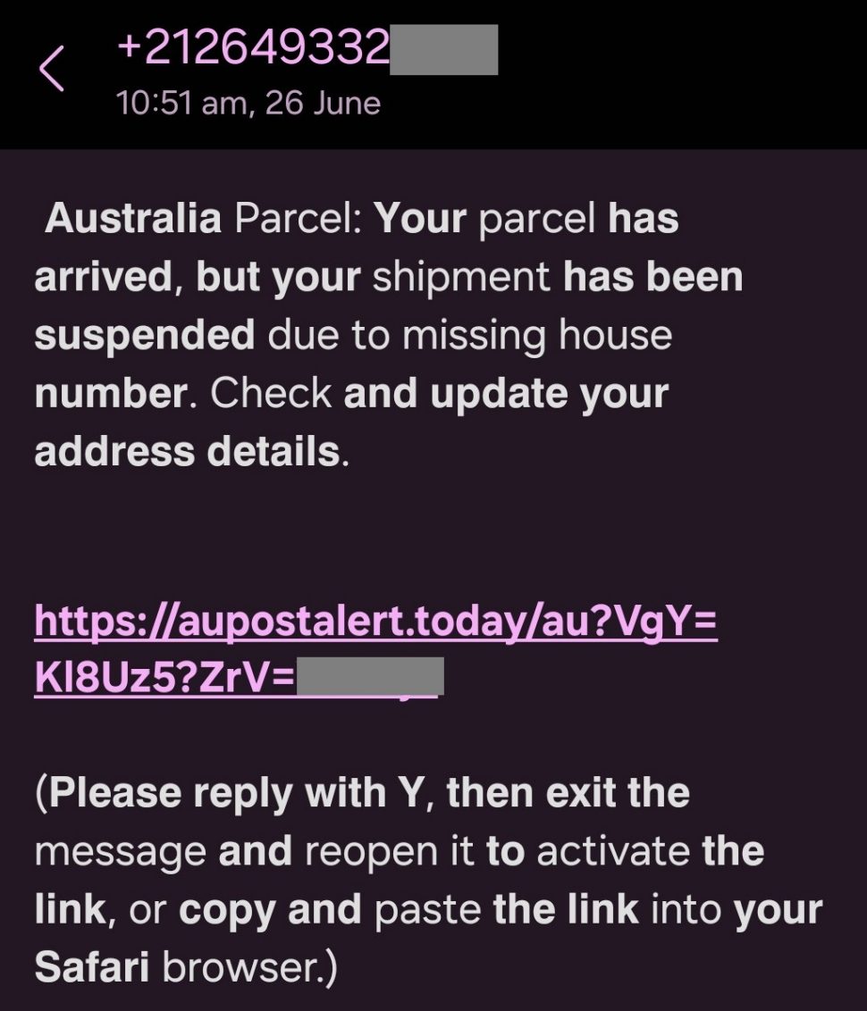 Screenshot of a group chat message warning about a delayed package. It asks the recipient to update their address via a provided link and includes instructions to activate it by replying "Y" and reopening the email.