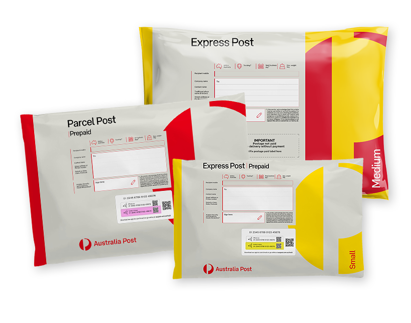 Graphic of two Express Post satchels and one Parcel Post satchel